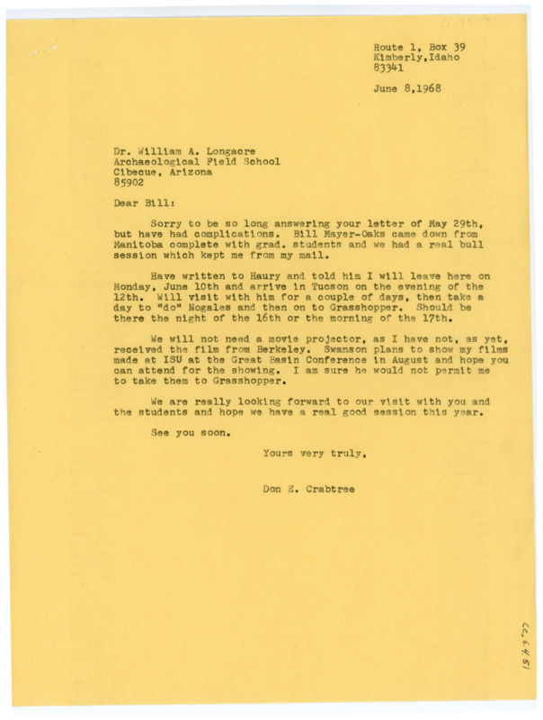 Typewritten letter from Donald Crabtree to Bill Longacre to confirm the dates he would be visiting the Grasshopper excavation site.