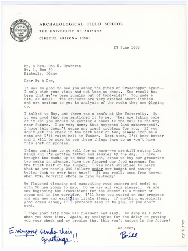 Typewritten letter from Bill Longacre to Donald Crabtree to thank him for visiting the Grasshopper excavation site and inform him of recent updates.