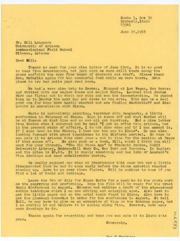 Typewritten letter from Donald Crabtree to Bill Longacre to update him on their trip home from Arizona, his recent correspondence with Francois Bordes, and his upcoming travel plans.