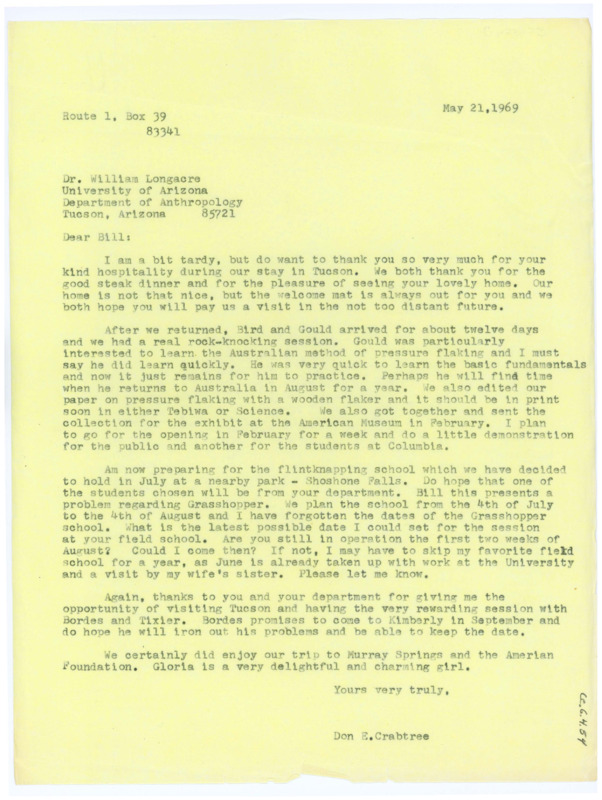 Typewritten letter from Donald Crabtree to Bill Longacre to update him on their lives and upcoming work.