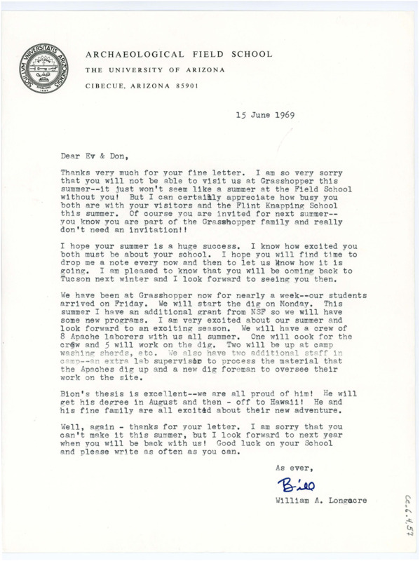 Typewritten letter from Bill Longacre to wish Crabtree a successful summer and tell him some information about the Grasshopper excavation site.