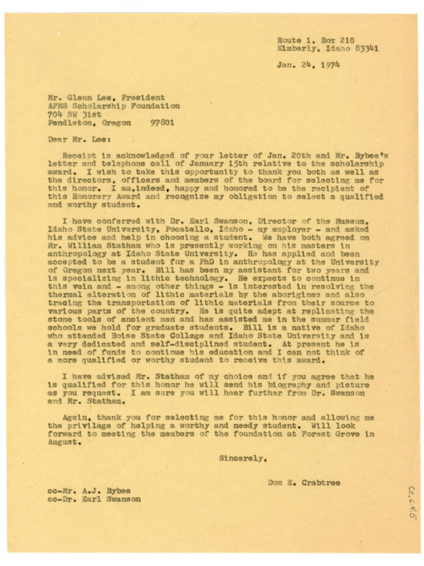 Typewritten letter from Donald Crabtree to accept the scholarship award and to suggest William Statham as the recipient of the funds.