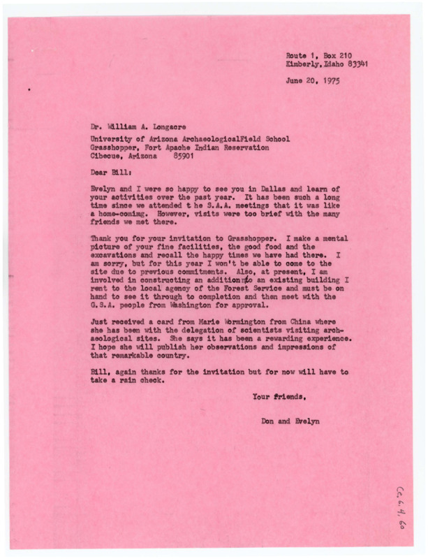 Typewritten letter from Donald Crabtree to William Longacre to inform him he could not make it to the Grasshopper excavation site that year.