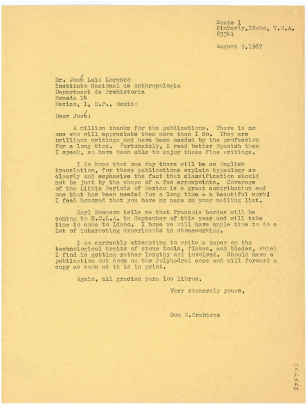 Typewritten letter from Donald Crabtree to Jose Lorenzo to thank him for the publication he had sent him and updated him on his own research.