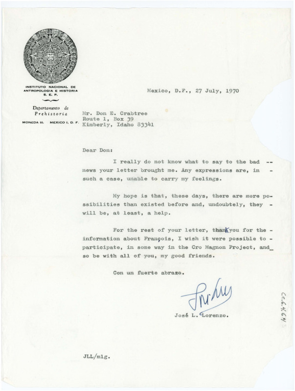 Typewritten letter from Jose Lorenzo who gave Crabtree his regards about some bad news and responded about Francois Bordes.