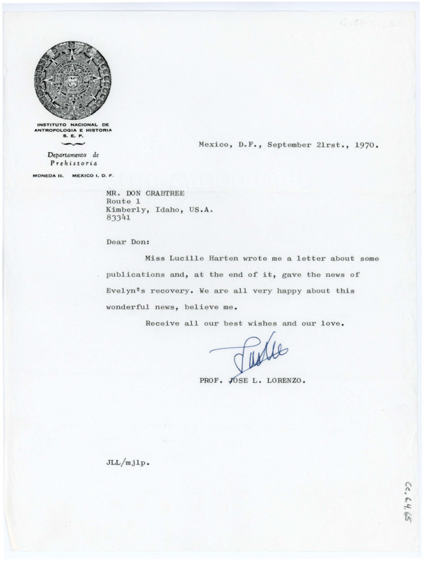 Typewritten letter from Jose Lorenzo to Donald Crabtree about Evelyn's heath.