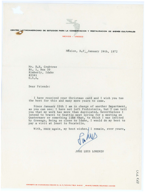 Typewritten letter from Jose Lorenzo to Donald Crabtree about his new position and potentially visiting in the spring.