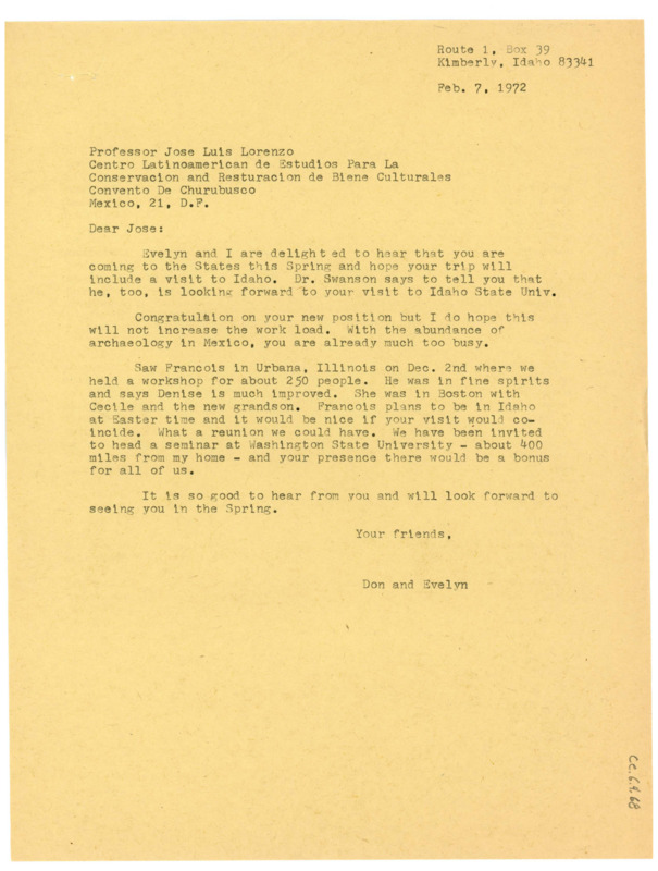 Typewritten letter from Donald Crabtree to Jose Lorenzo to update him on his upcoming plans and work out travel arrangements.