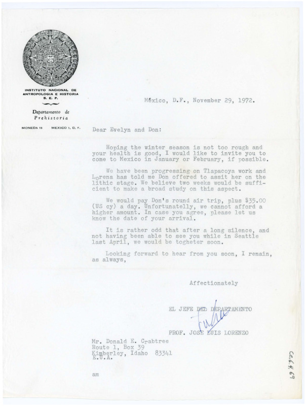 Typewritten letter from Jose Lorenzo to Donald Crabtree to request he travel to Mexico to help with some work.