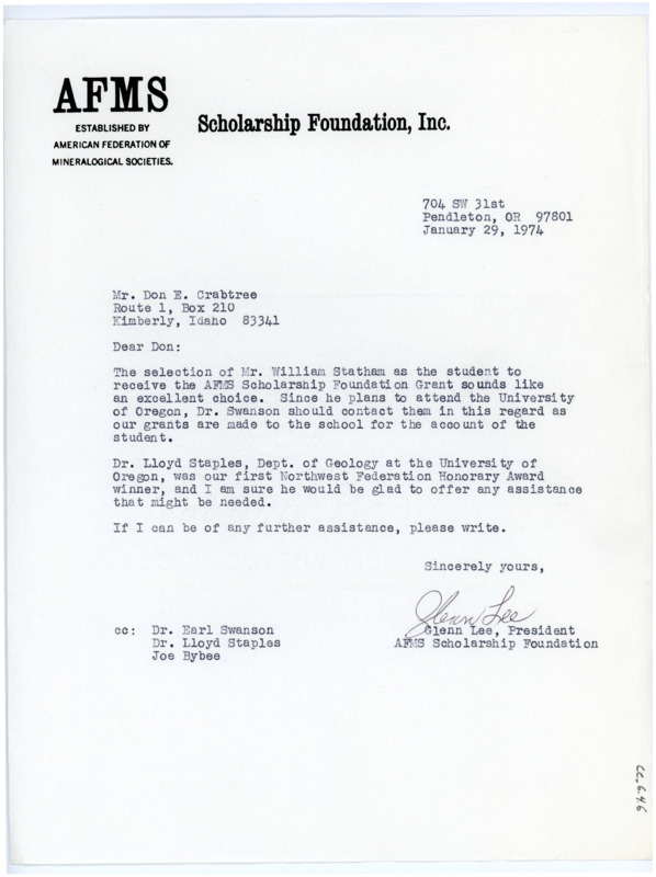 Typewritten letter from Glenn Lee to Donald Crabtree to go over the AFMS Scholarship award.