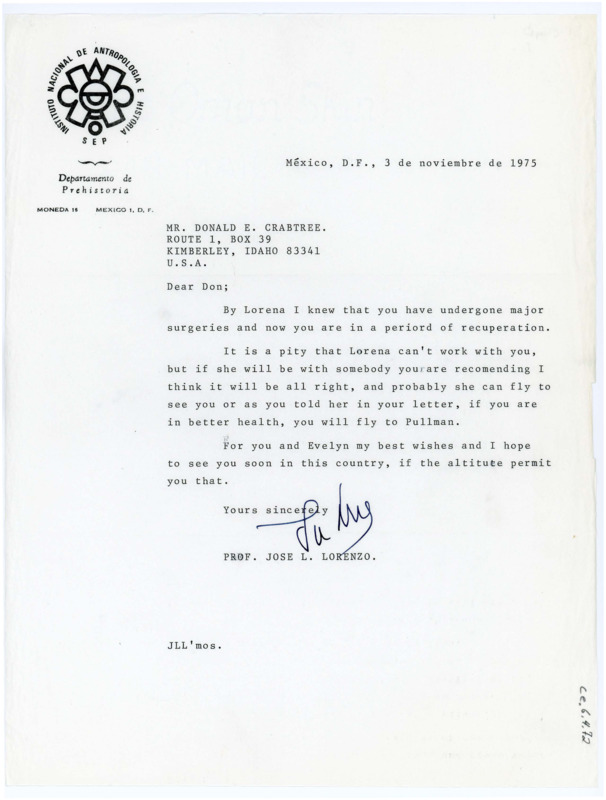 Typewritten letter from Jose Lorenzo to Donald Crabtree to wish him well with his health and work out plans for working with him in Idaho or Washington.