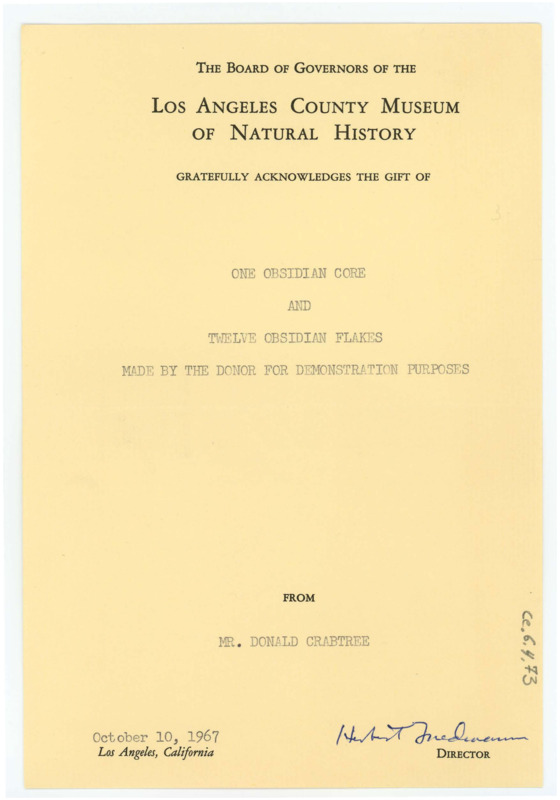 Typewritten acknowledgement of receiving an obsidian core and twelve obsidian flakes gifted from Donald Crabtree.