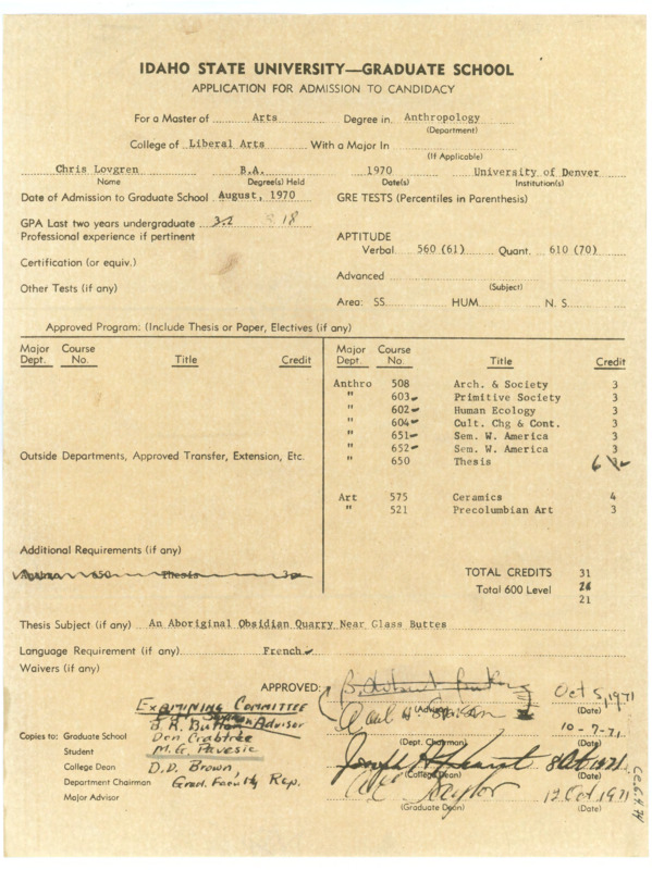 Typewritten application for graduate students at Idaho State University for Chris Lovgren. A copy was sent to Crabtree as part of her examining committee.