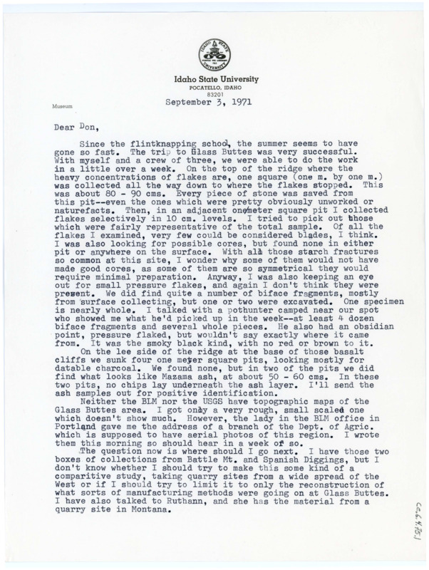 Typewritten letter from Chris Lovgren to Donald Crabtree to update him on her research and recent trip to Glass Butte, Oregon.