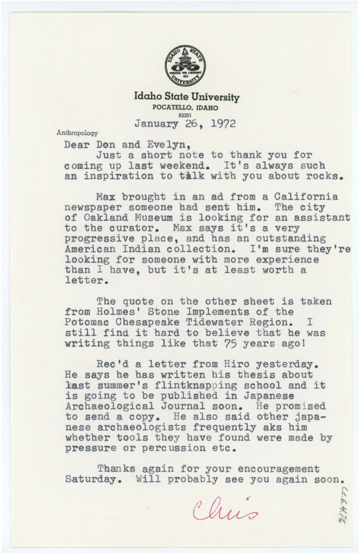 Typewritten letter from Chris Lovgren to Donald Crabtree to thank him for his visit and to inform him that Hiroaki Kobayashi wrote a thesis on the summer field school.