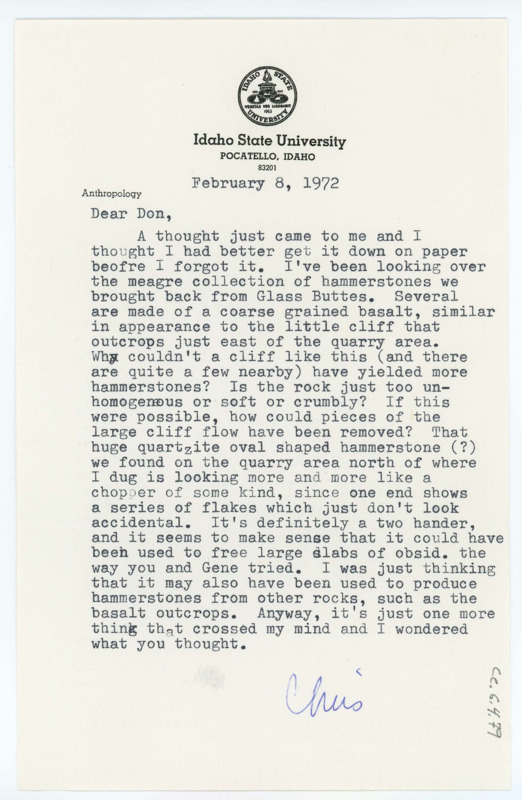 Typewritten letter from Chris Lovgren to Donald Crabtree to inquire about hammerstones at Glass Butte, Oregon.