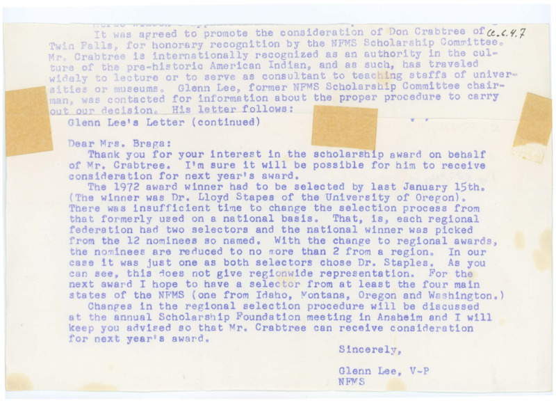 Typewritten letter that appears to be forwarded to Crabtree regarding Crabtree's proposal for the NFMS Scholarship Award.