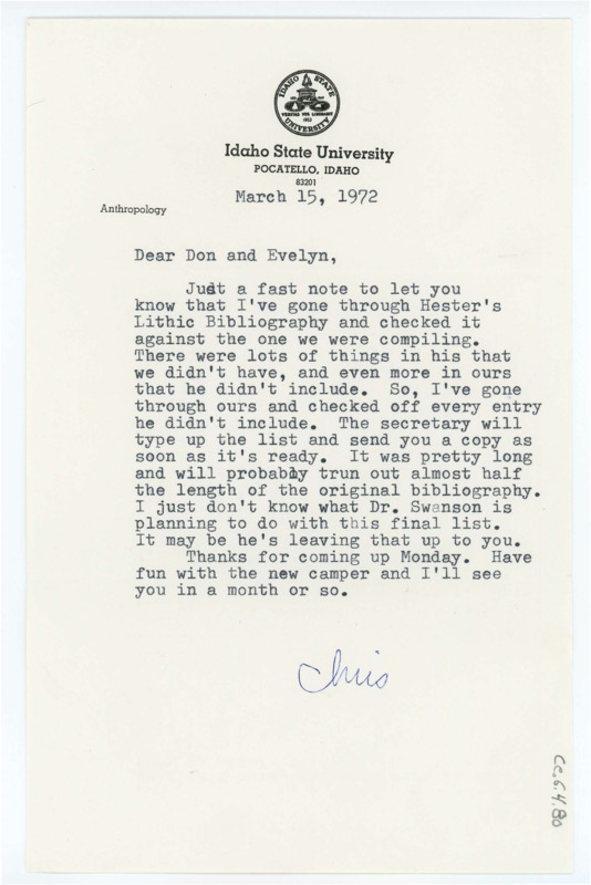 Typewritten letter from Chris Lovgren to Donald Crabtree to let him know she cross checked Hester's lithic bibliography to their own.