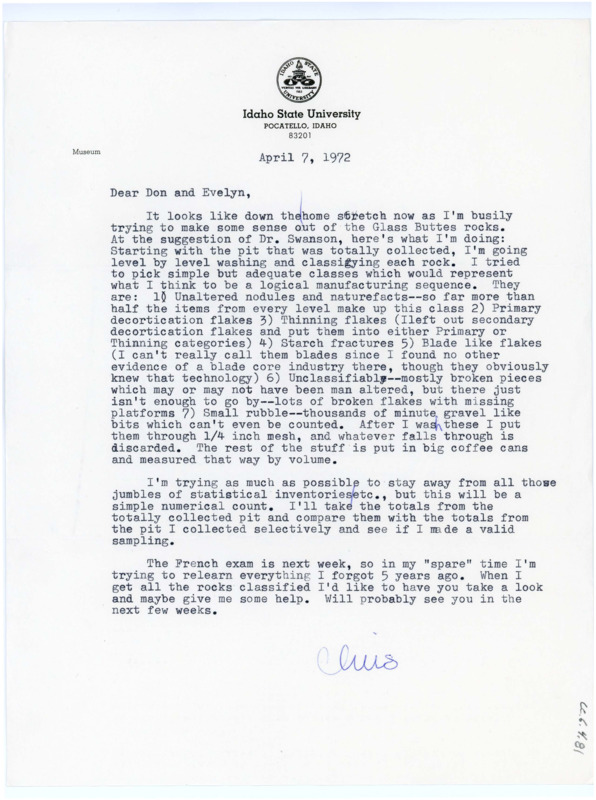 Typewritten letter from Chris Lovgren to Donald Crabtree where she updated him on her research.