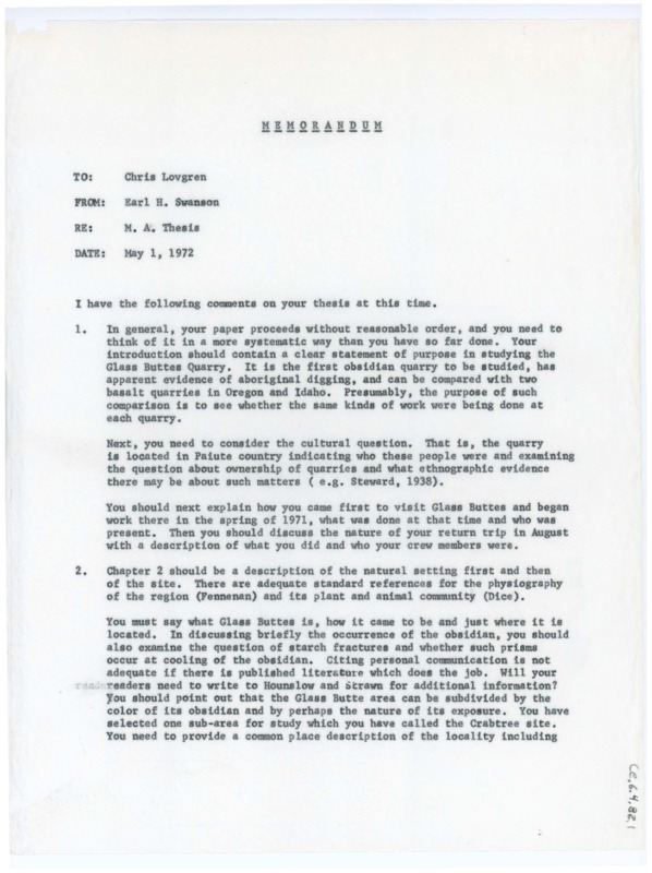 Typewritten memorandum with Earl Swanson's notes on Chris Lovgren's thesis. A copy was sent to Crabtree as well as others.