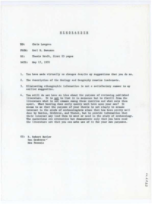 Typewritten memorandum with Earl Swanson's updated notes on Chris Lovgren's thesis. A copy was sent to Crabtree as well as others.