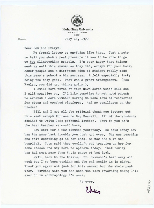 Typewritten letter from Chris Lovgren to Donald Crabtree to thank him for inviting her to another field school session and to update him on her progress with her thesis.