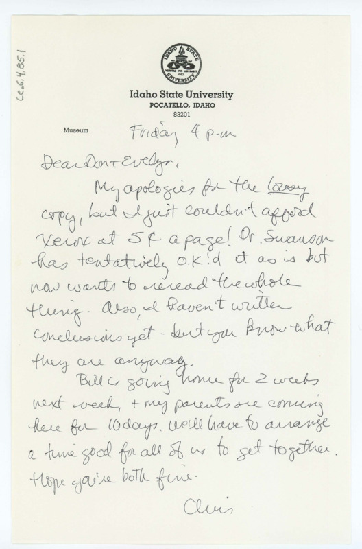 Typewritten draft of Chris Lovgren's thesis. There is a handwritten letter detailing Lovgren's upcoming plans and her hopes to visit Crabtree soon. There is also a large envelope attached.