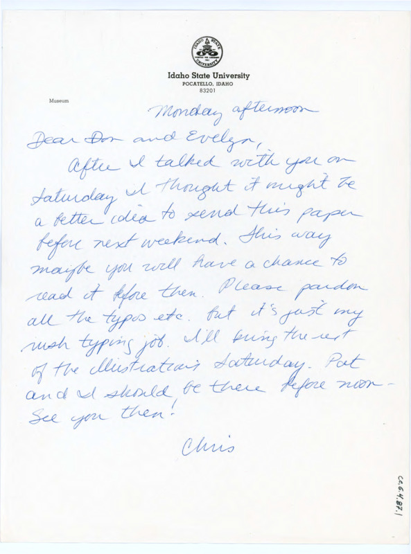 Handwritten letter from Chris Lovgren to Donald Crabtree about a paper draft she attached. The draft is typewritten and titled "Destiny of the Quarry Blades."