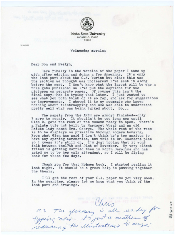 Typewritten letter from Chris Lovgren to Donald Crabtree about a edited paper she attached. She also updated him on her work for the AMNH Museum exhibit.