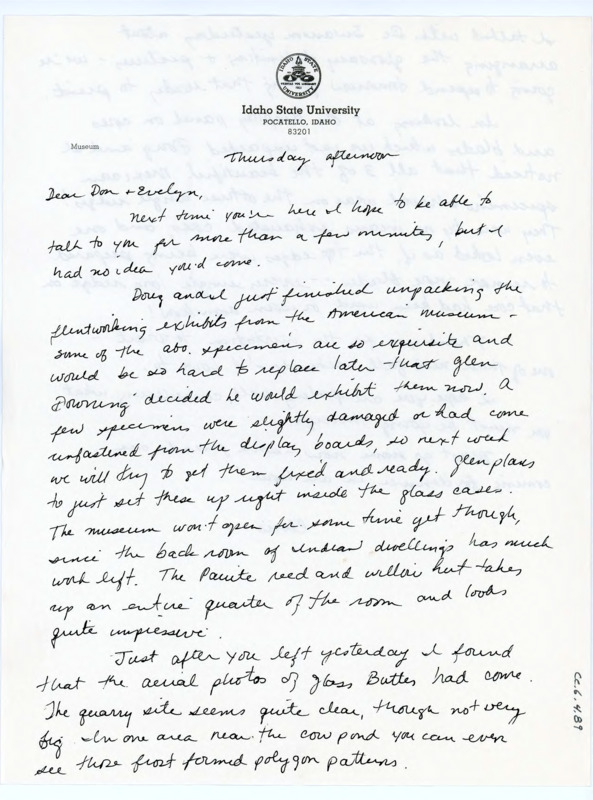 Handwritten letter from Chris Lovgren to Donald Crabtree where she updated him on the progress of the museum exhibit and aerial photos taken of Glass Butte, Oregon.