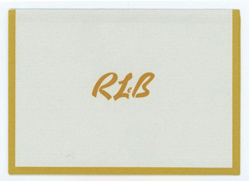 Greeting card from Ruthann LeBoron to Donald Crabtree with an envelope attached. Front: Ruthann's initials "RLeB" printed on the front. Inside: Handwritten note wishing Crabtree her condolences for Evelyn's death.