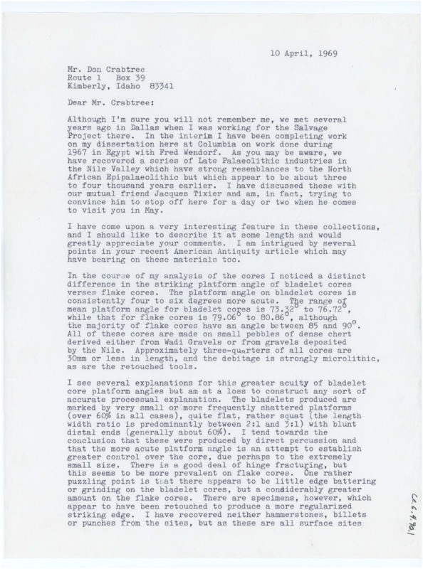 Typewritten letter from David Lubell to Donald Crabtree to inquire Crabtree's opinion on some cores he found while doing research in Egypt.