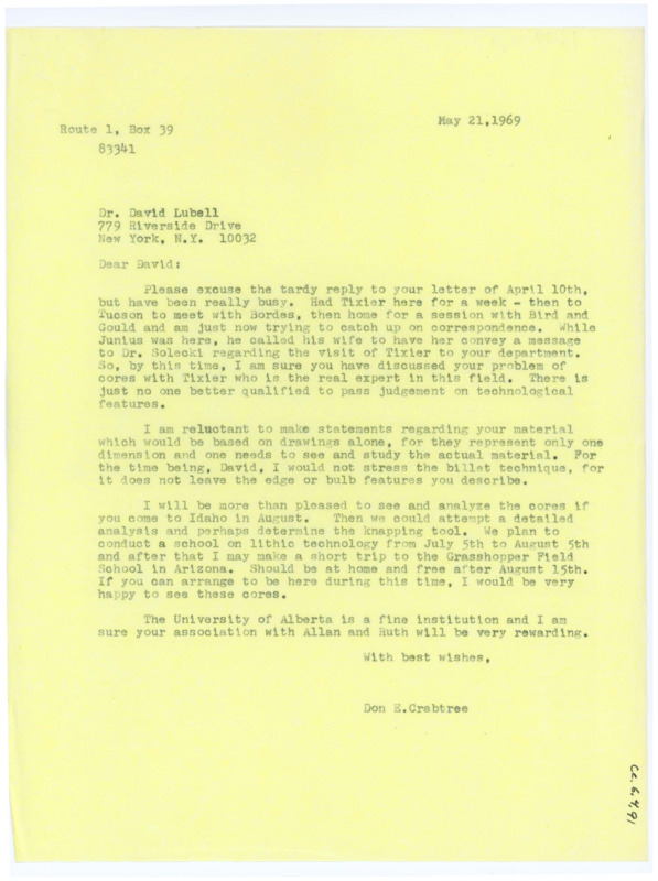 Typewritten letter from Donald Crabtree to David Lubell where he responded to his questions about artifact analysis.