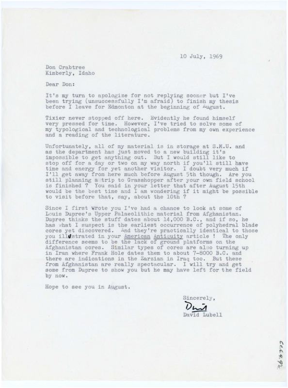 Typewritten letter from David Lubell to Donald Crabtree to confirm when the best time to visit him for help with the artifact analysis would be.