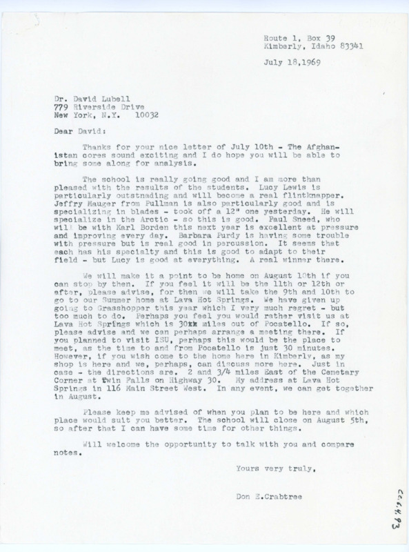 Typewritten letter from Donald Crabtree to David Lubell to confirm plans for Lubell to travel out to meet with him.