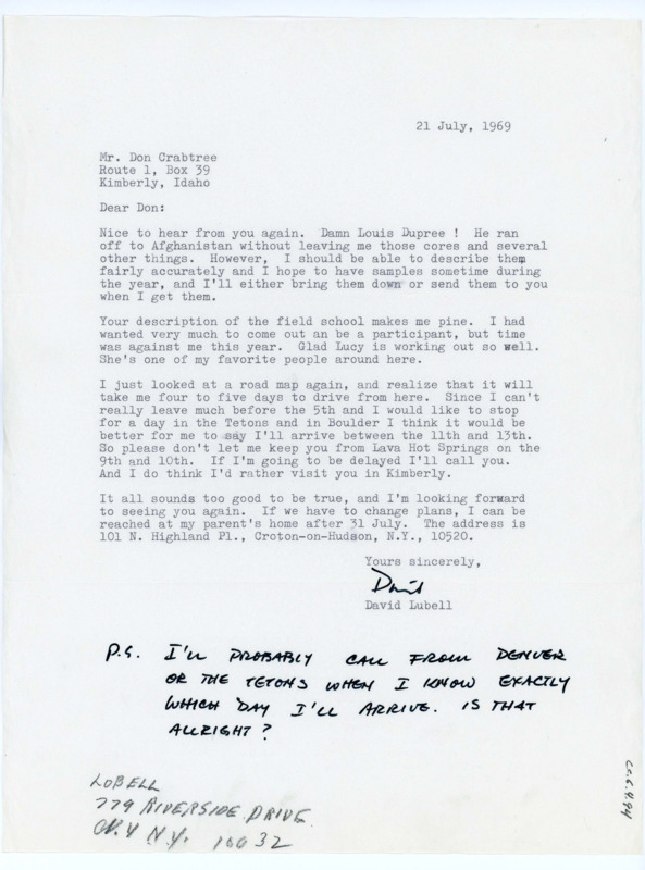 Typewritten letter from David Lubell to Donald Crabtree to confirm the best time to meet with him.