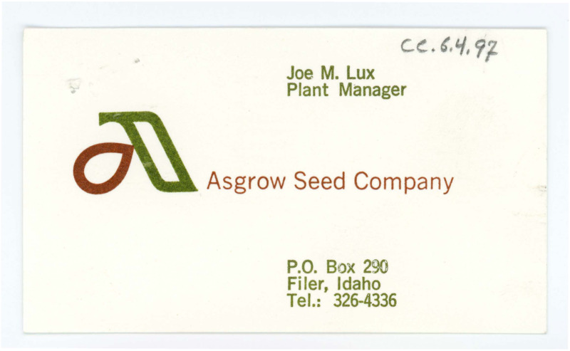 Business card of Joe M. Lux, the plant manager at Asgrow Seed Company. His address and phone number are present.