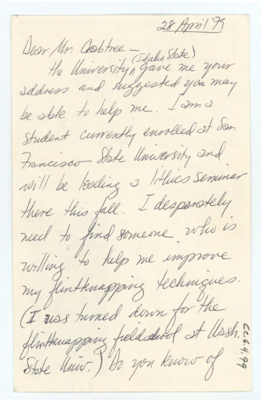 Handwritten letter on a postcard from Mary Dell Lucas to Donald Crabtree to ask about the field school or where she could study flintknapping over the summer.