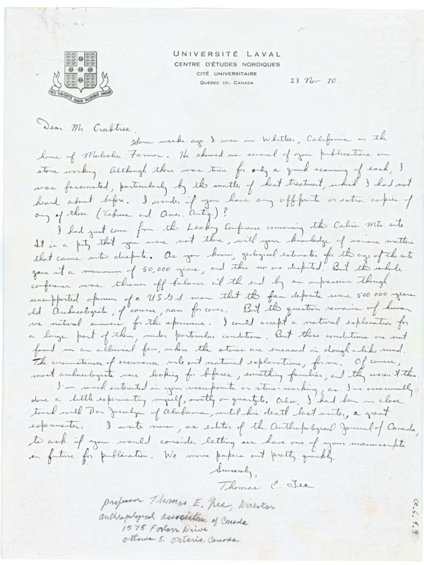 Handwritten letter from Thomas Lee to Donald Crabtree to ask for copies of some of Crabtree's publications and to inform him of the Calico Hills site.