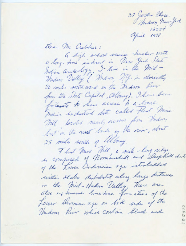 Handwritten letter from M.F. Laccetti to Donald Crabtree asking for his expertise in examining some photos of lithic materials.