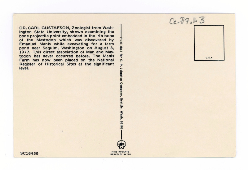 The back of a blank postcard. A description of its cover photo explains the man featured is Dr. Carl Gustafson.