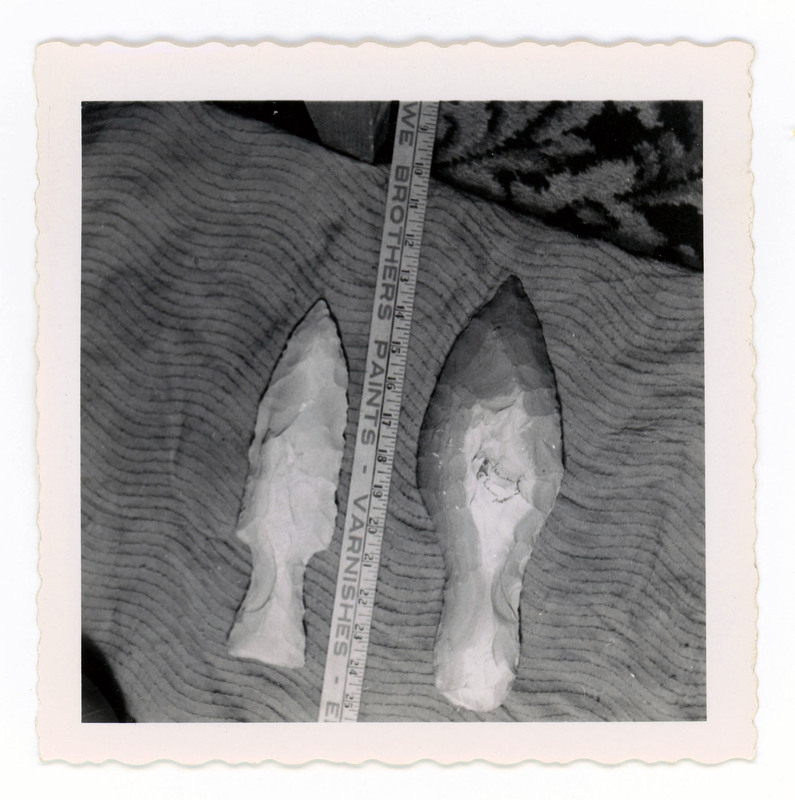 A printed picture of two lithic points with a measuring stick.