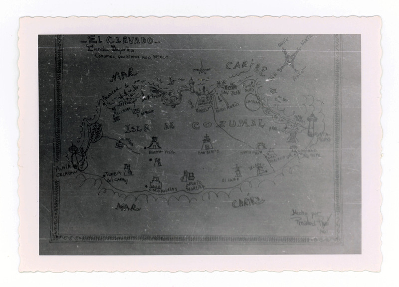 A printed picture of an artistic rendition of a map of Isla De Cozumel.