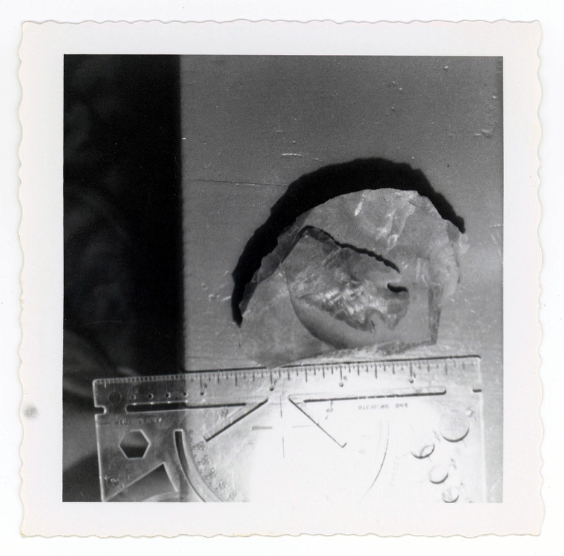 A printed picture of a piece of lithic material next to a scale.