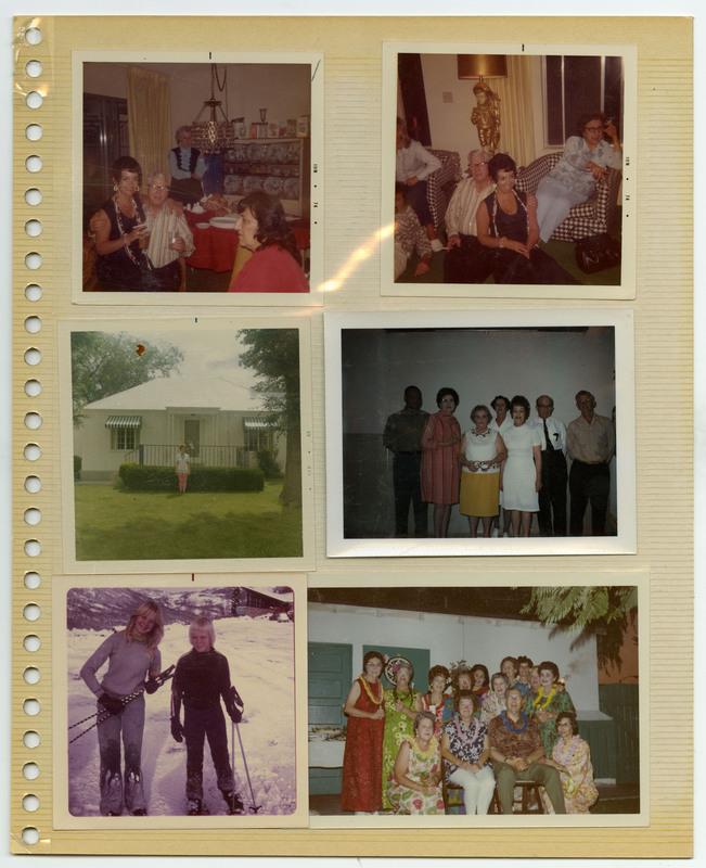 Image of four people around a dinner table. Image of five people sitting in a living room. Image of a woman standing outside a house. Image of a group of people standing. Image of two children with skiis. Image of a group of people wearing lei necklaces together.