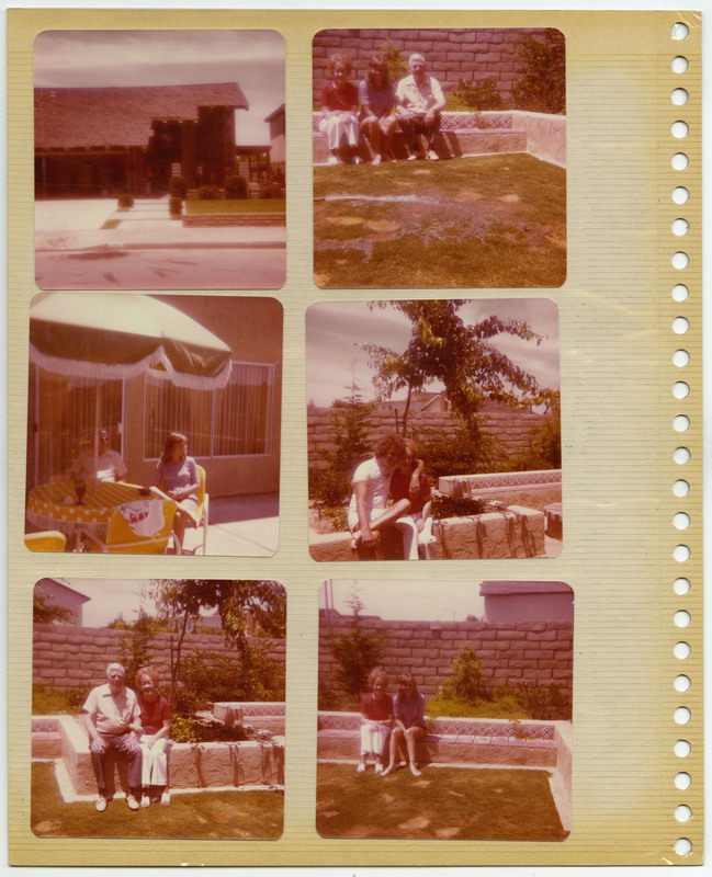 Image of a house. Image of three people sitting on a bench. Image of two people sitting at a patio table. Image of two women hugging in a garden. Image of two people sitting in front of a garden. Image of two women sitting in front of a garden. All images have a red tint.