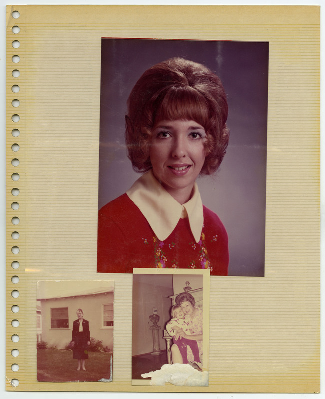 Image of a woman's portrait. Image of a woman standing outside a house. Image of a woman sitting and smiling with a child.