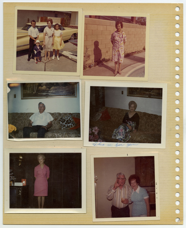 Image of a woman and three children standing by a yellow car. Image of a woman standing by a brick wall. Image of a man sitting on a couch/ Image of a woman sitting on a couch. Image of a woman standing indoors. Image of a man and woman posing together.