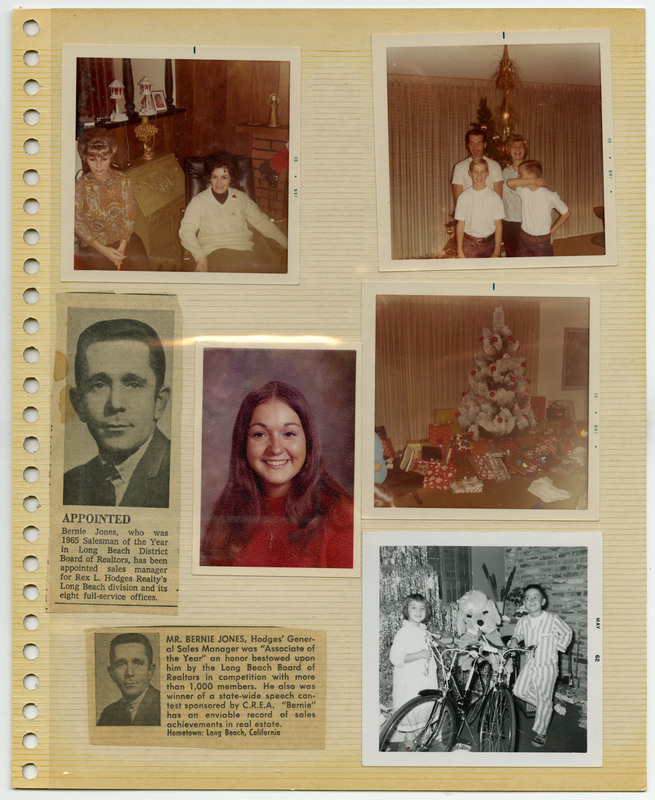 Image of two women sitting next to a fireplace. Image of a family of four by a Christmas tree. Newspaper clipping of Bernie Jones's appointment to sales manager. Image of a woman's portrait. Image of a christmas tree surrounded by holiday presents. Newspaper clipping of Bernie Jones being awarded associate of the year. Image of two children holding bicycles by a giant stuffed toy.