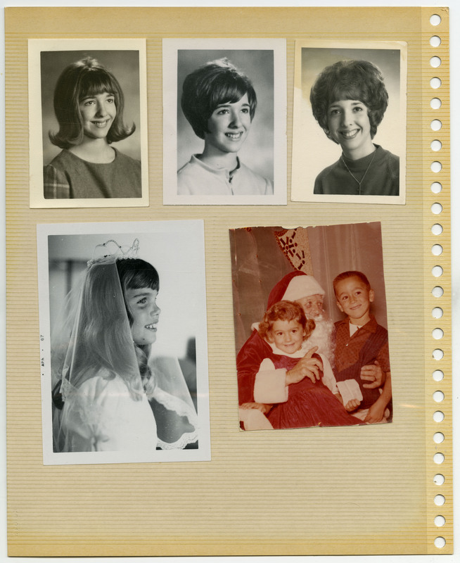 Three images of a woman's various portraits. Image of a girl wearing a tiara and princess dress. Image of two children smiling with Santa Claus.